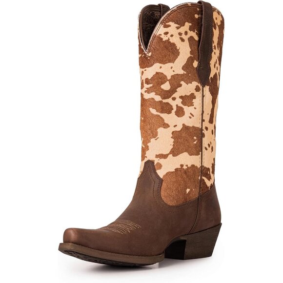 Women's Brown The Western Wear Fashion Cow Print Cowgirl Low Heel Walking Boots